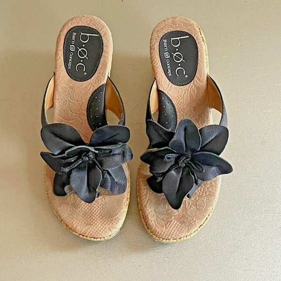 Born Concept BOC 6 Black Leather Flower Platform Wedge Thong Sandals - Picture 4 of 12